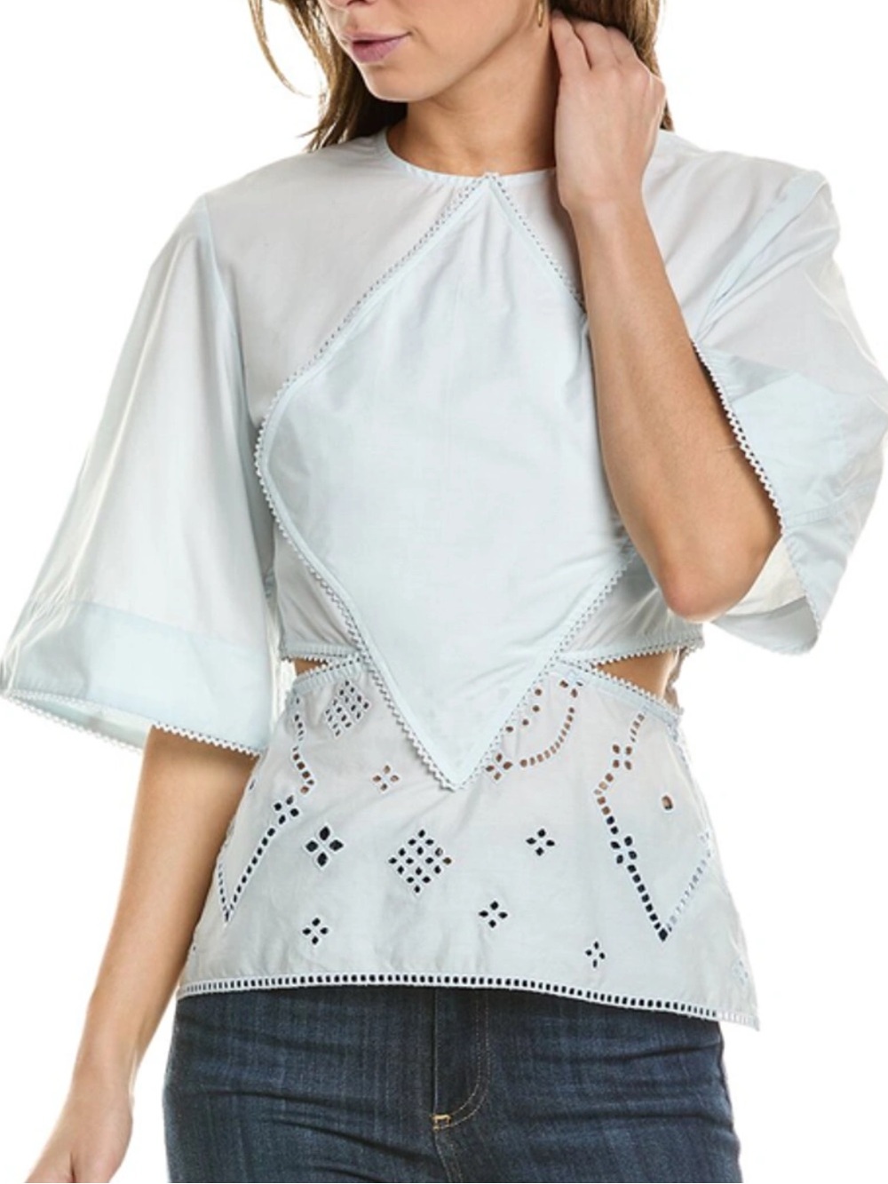 Ganni Light Blue Eyelet Diamond-Panel Blouse